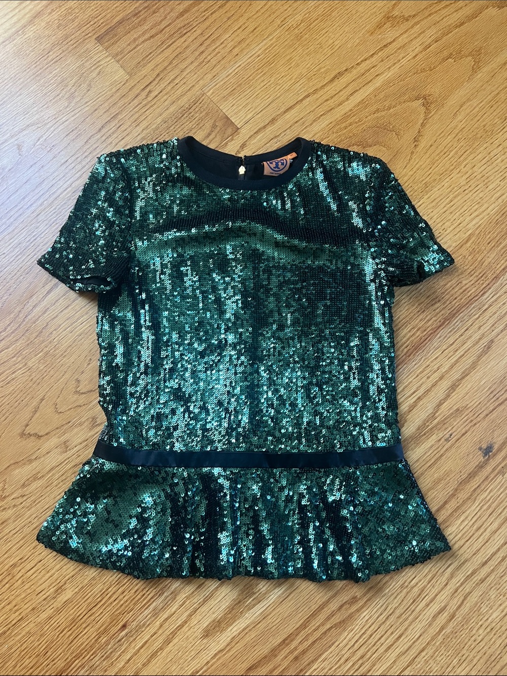 Tory Burch XS Green Sequin Peplum Holiday Top